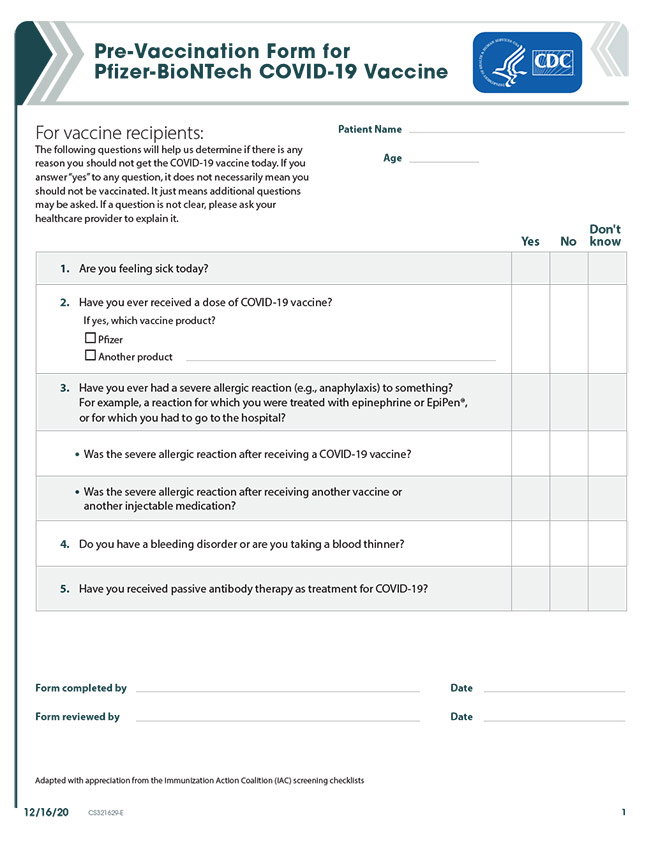 Pre-Vaccination Form for Pfizer-BioNTech COVID-19 Vaccine