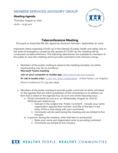 August 11, 2022 Meeting Member Services Advisory Group