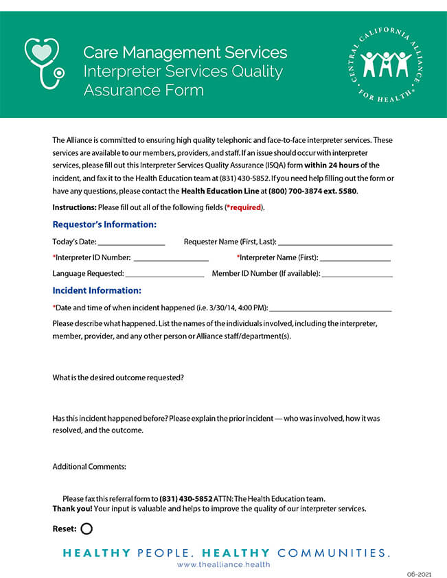 Interpreter Services Quality Assurance Form