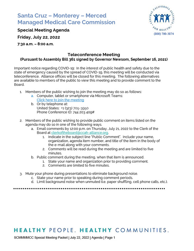 July 22, 2022 Special Meeting Board Agenda Packet