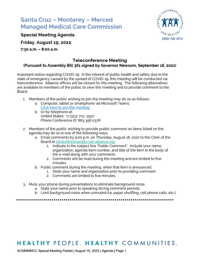 August 19, 2022 Special Meeting Board Agenda Packet