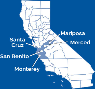 Condados de servicio de la Alianza: condados de Mariposa, Merced, Monterey, San Benito y Santa Cruz.