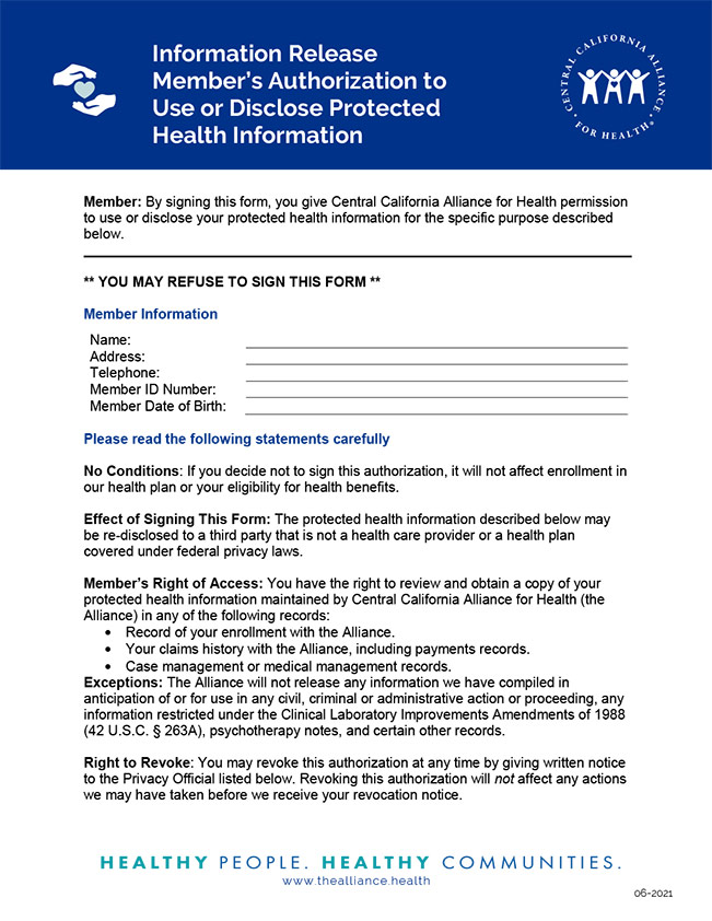 MEMBER’S AUTHORIZATION TO USE OR DISCLOSE PROTECTED HEALTH INFORMATION