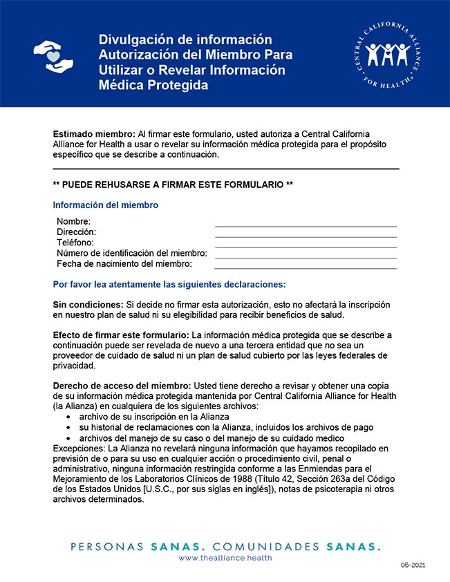MEMBER’S AUTHORIZATION TO USE OR DISCLOSE PROTECTED HEALTH INFORMATION