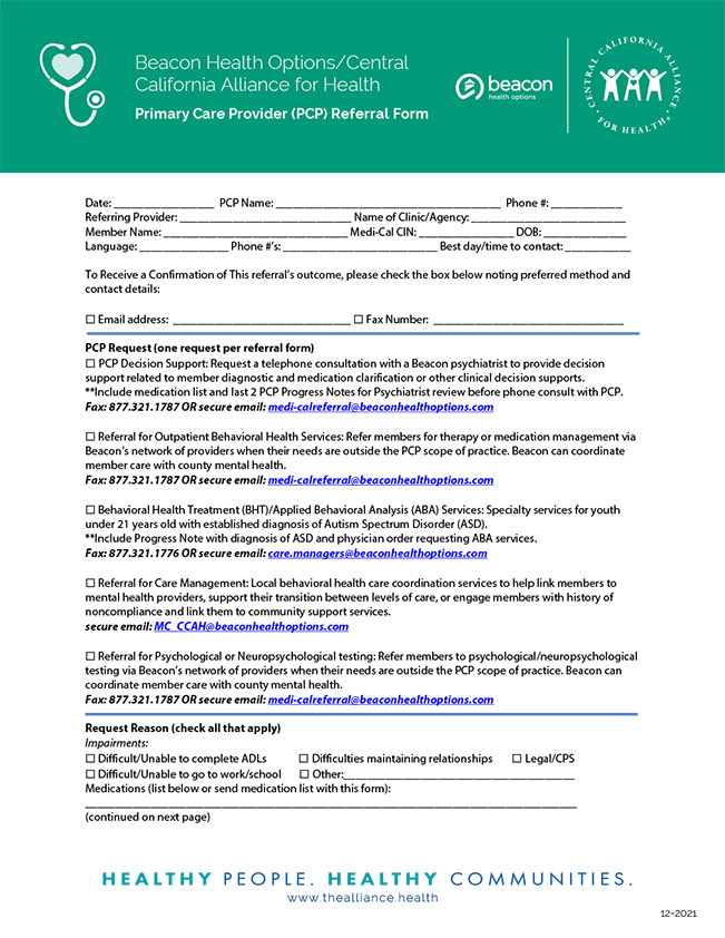 Beacon Primary Care Provider (PCP) Referral Form with Spanish