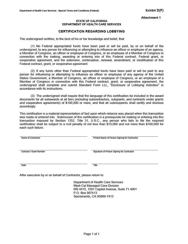 Certification Regarding Lobbying - Exhibit D(F) Att 1 and 2