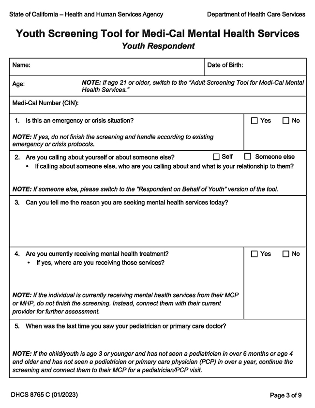 Youth Screening Tool for Medi-Cal Mental Health Services
