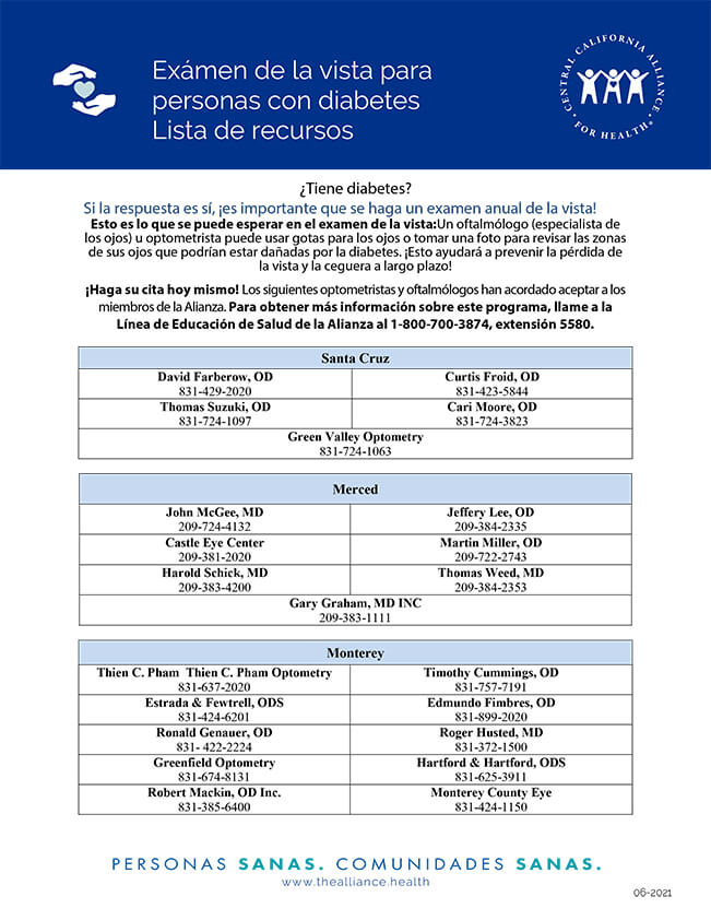 Diabetes Eye Exam Services Resource List - Spanish