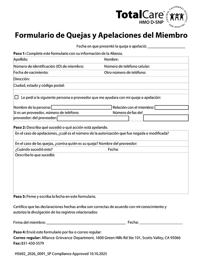 Formulario de quejas y apelaciones de TotalCare