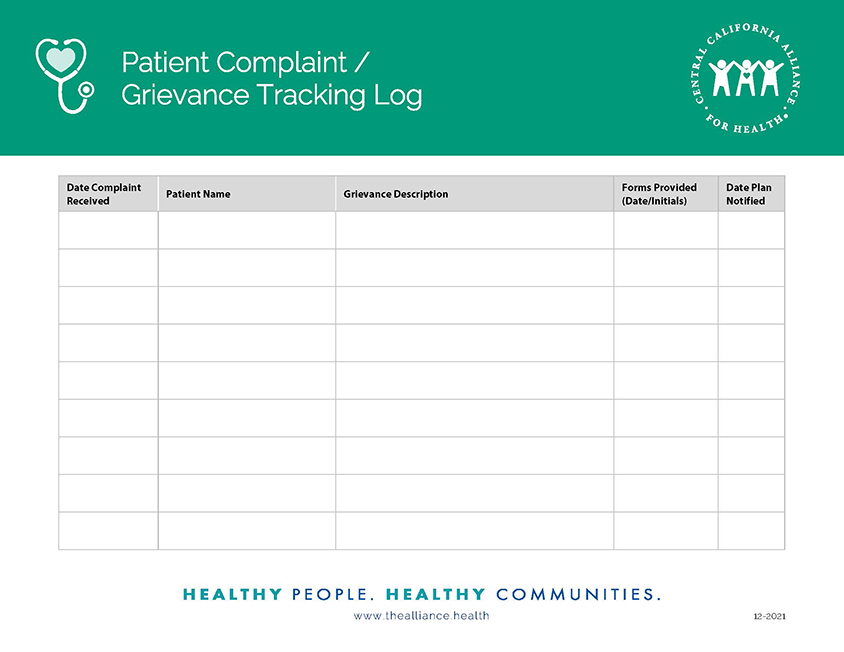 Patient Complaint / Grievance Tracking Log