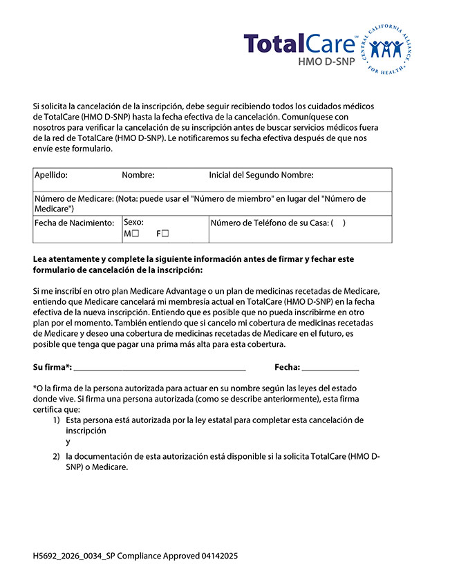 Formulario de cancelación de inscripción de TotalCare (HMO D-SNP)
