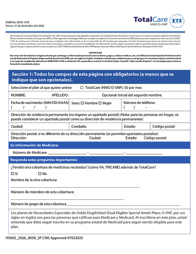 Formulario de inscripción de TotalCare (HMO D-SNP)