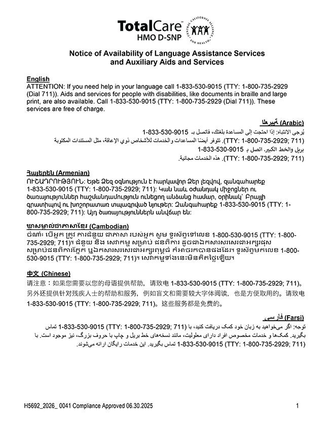 TotalCare (HMO D-SNP) Notice of Availability and Nondiscrimination, Grievance Filing, Civil Rights Notice