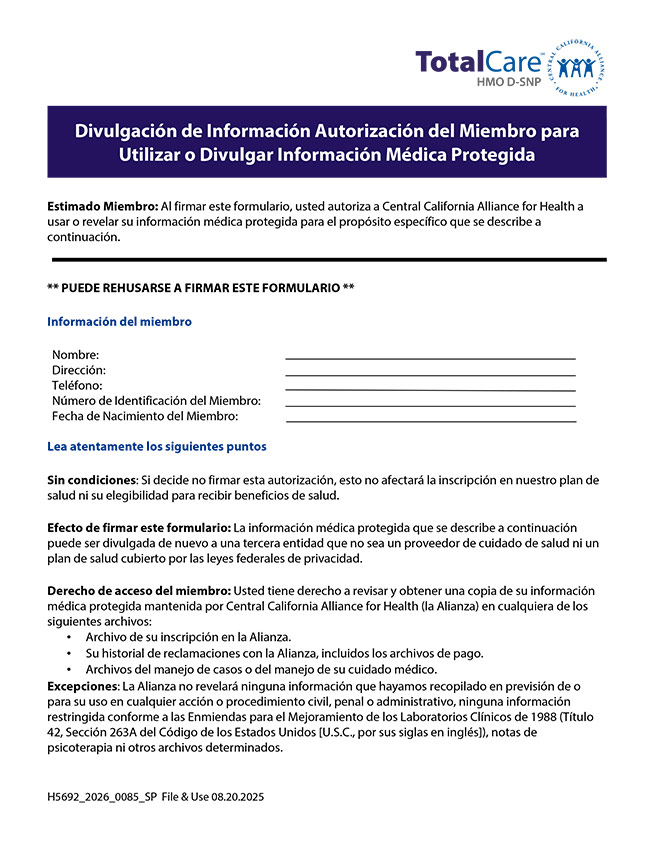 TotalCare (HMO D-SNP) Authorization for Release of Protected Health Information (PHI) Form