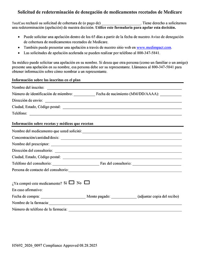 Formulario de Redeterminación de Denegación de Medicinas de la Parte D 