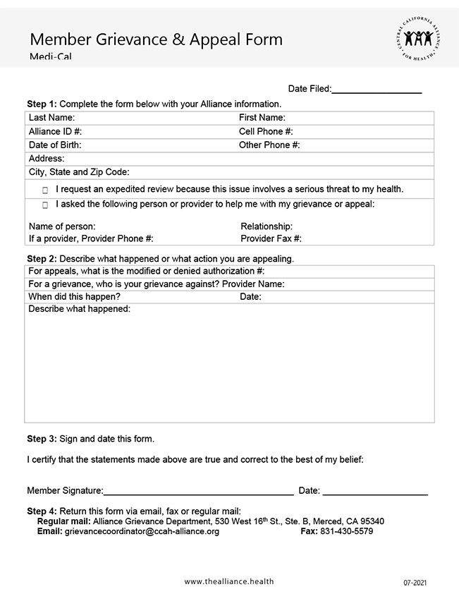 Member Grievance Form - Medi-Cal