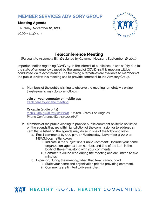 November 10, 2022 Meeting Member Services Advisory Group