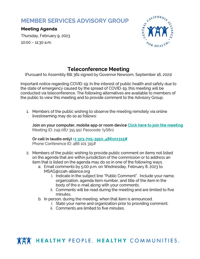 February 9, 2023 Meeting Member Services Advisory Group
