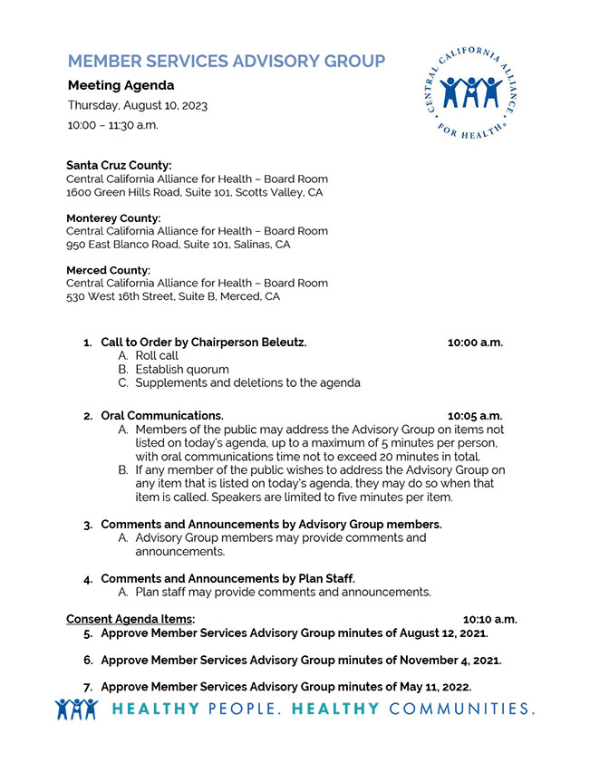 August 10, 2023 Meeting Member Services Advisory Group