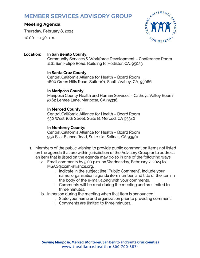 February 8, 2024 Meeting Member Services Advisory Group