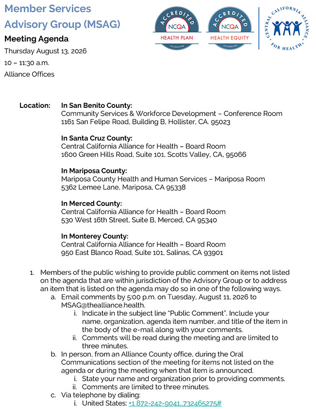 MSAG Meeting Agenda Packet for August 13, 2026