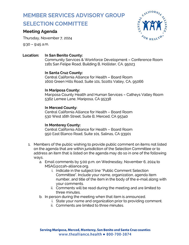 November 7, 2024 Meeting Member Services Advisory Group Selection Committee