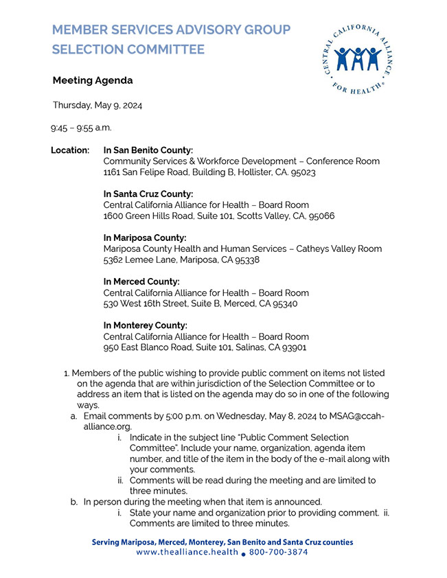 May 9, 2024 Meeting Member Services Advisory Group Selection Committee