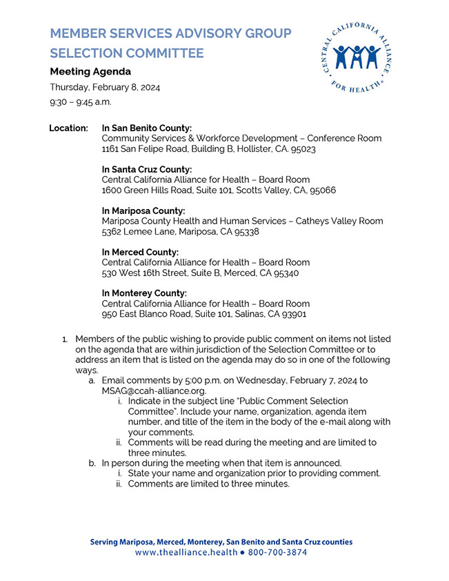 February 8, 2024 Meeting Member Services Advisory Group Selection Committee