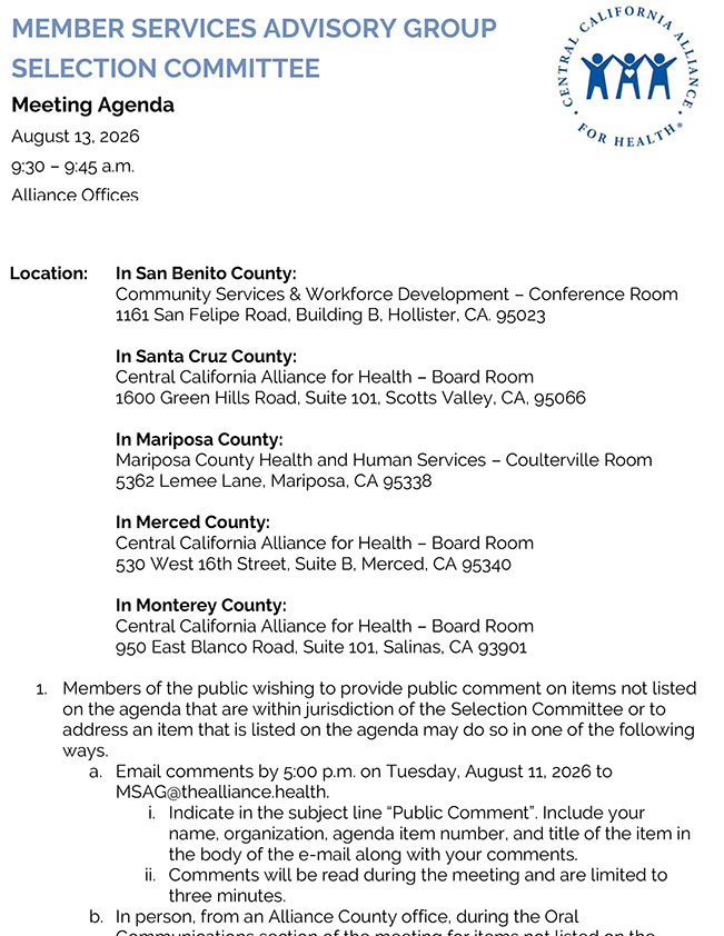 August 13, 2026 Meeting Member Services Advisory Group Selection Committee