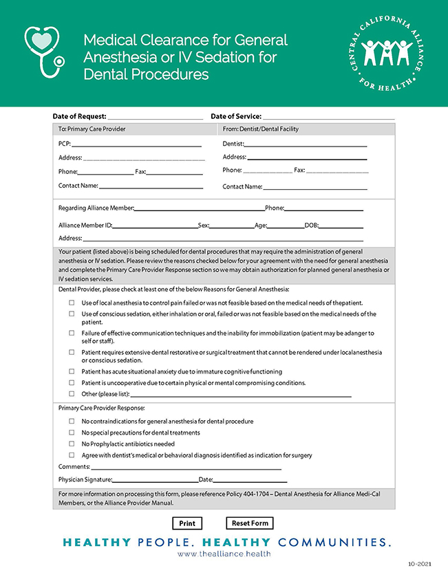 Medical Clearance for Dental Anesthesia