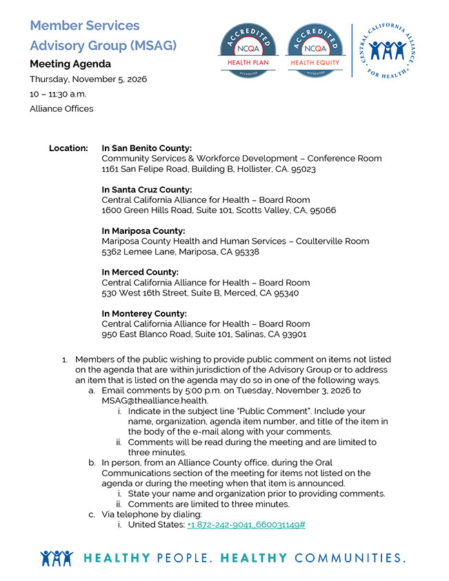 MSAG Meeting Agenda Packet for November 5, 2026 Meeting