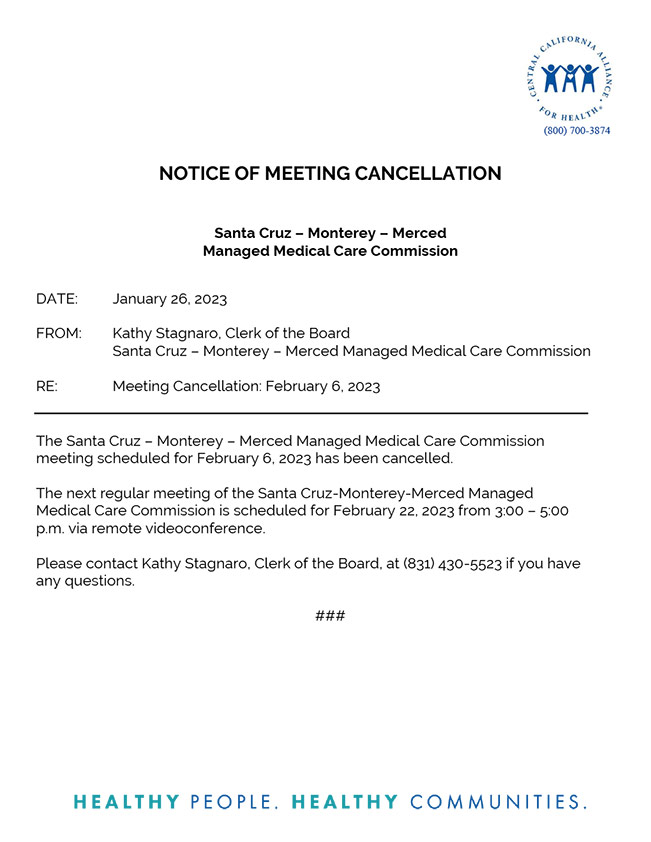 February 6, 2023 Board Meeting Cancellation