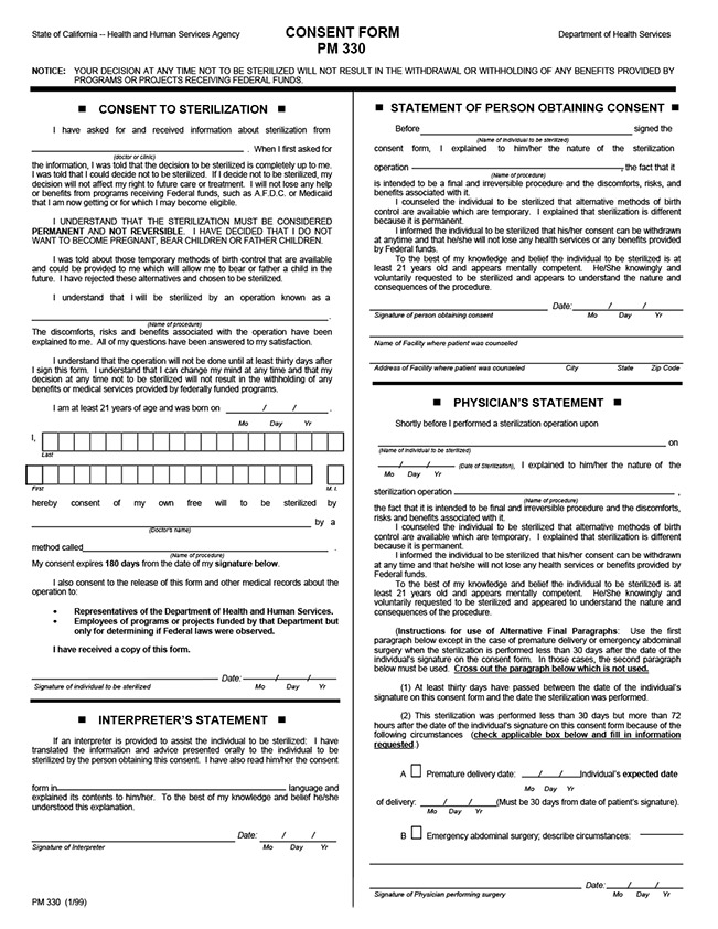 Consent for Sterilization or Hysterectomy Sample Form