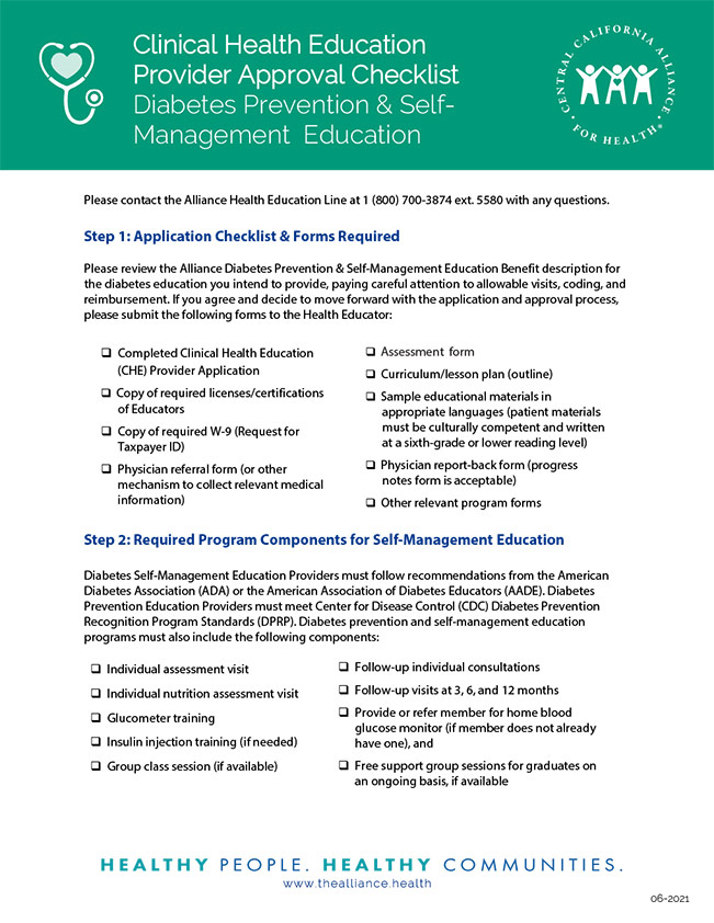 Clinical Health Education Provider Approval Checklist Diabetes Prevention & Self Management Education