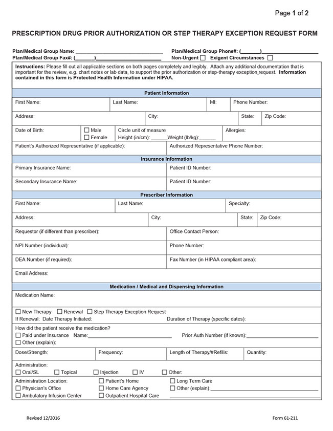 Prescription Drug Prior Authorization or Step Therapy Exception Request Form