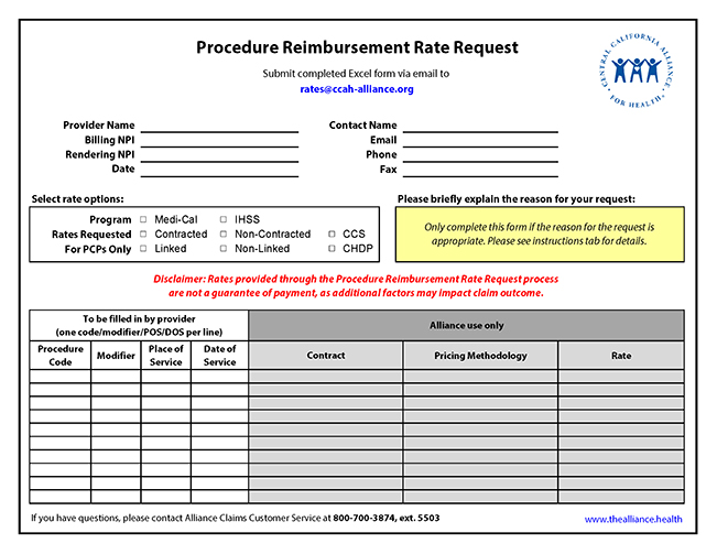 Procedure Reimbursement Rates Form