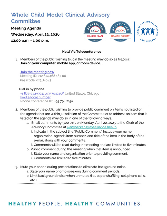 Whole Child Model Clinical Advisory Committee - Central California