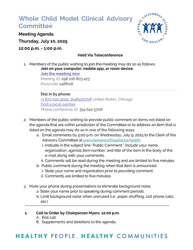 July 10, 2025 Meeting Whole Child Model Clinical Advisory Committee