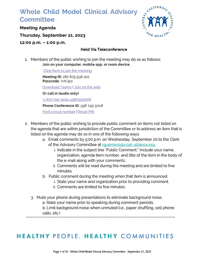 September 21, 2023 Meeting Whole Child Model Clinical Advisory Committee