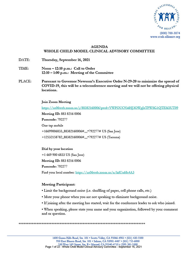 September 16, 2021 Meeting Whole Child Model Clinical Advisory Committee