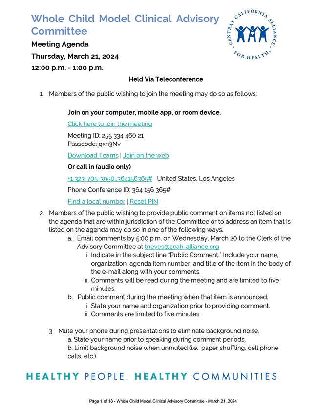 21 de marzo de 2024 Reunión del Comité Asesor Clínico del Modelo Infantil Integral