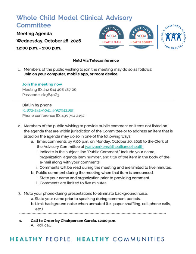 October 28 2026 Whole Child Model Clinical Advisory Committee