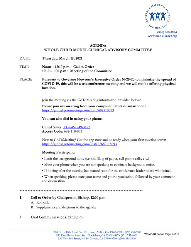 March 18 2021 Whole Child Model Clinical Advisory Committee