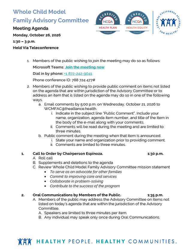 October 26 2026 Meeting Whole Child Model Family Advisory Committee